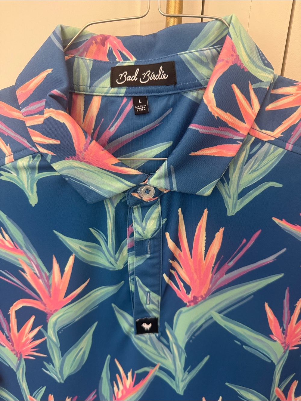 Bad Birdie Blue Polo with Pink and Green Tropical Print